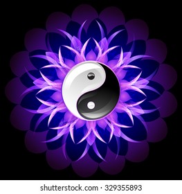 Glowing purple lotus with yin yang symbol on black background.