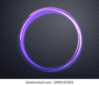 Glowing purple magic ring. Neon realistic energy flare halo ring. Abstract light effect on a dark transparent background. Vector illustration.