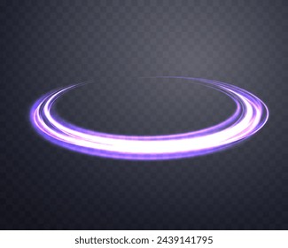 Glowing purple magic ring. Neon realistic energy flare halo ring. Abstract light effect on a dark transparent background. Vector illustration.