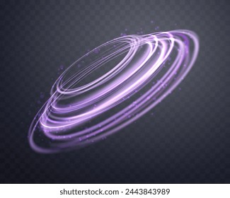 Glowing purple magic ring. Neon realistic energy flare halo ring. Abstract light effect on a dark transparent background. Vector illustration.