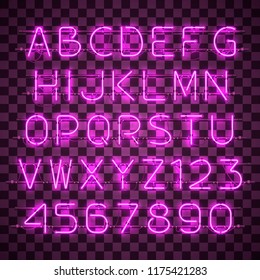 Glowing purple neon alphabet with letters from A to Z and digits from 0 to 9 on transparent background. Shining neon effect. Every letter is separate unit with wires, tubes, brackets and holders.
