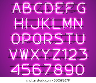 Glowing Purple Neon Alphabet with letters from A to Z and digits from 0 to 9 with wires, tubes, brackets and holders. Shining and glowing neon effect. Vector illustration.