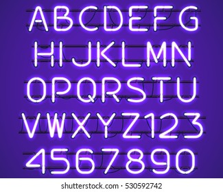 Glowing Purple Neon Alphabet with letters from A to Z and digits from 0 to 9 with wires, tubes, brackets and holders. Shining and glowing neon effect. Vector illustration.