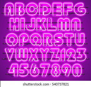 Glowing Purple Neon Alphabet with letters from A to Z and digits from 0 to 9 with wires, tubes, brackets and holders. Shining and glowing neon effect. Every letter or digit is separate unit.