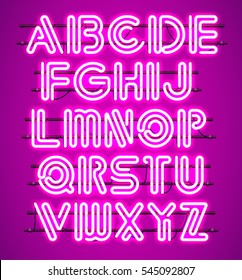 Glowing purple Neon Alphabet with letters from A to Z. Shining and glowing neon effect. Every letter is separate unit with wires, tubes, brackets and holders.