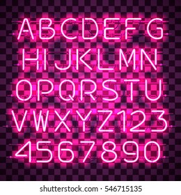 Glowing Purple Neon Alphabet with letters from A to Z and digits from 0 to 9 on transparent background. Glowing neon effect. Every letter is separate unit with wires, tubes, brackets and holders.