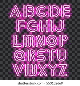 Glowing purple Neon Alphabet with letters from A to Z. Shining and glowing neon effect. Every letter is separate unit with wires, tubes, brackets and holders that can be combined with other.