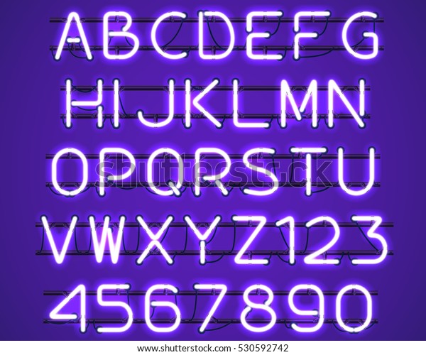 Alfabeto Neon Roxo Brilhante Com Letras De A A Z E Dígitos De 0 A 9 Com