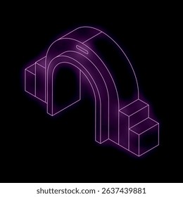 Glowing purple neon archway entrance with stairs leading up on black background