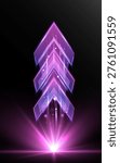Glowing purple neon arrows pointing upward with light beams and futuristic energy effect on dark background