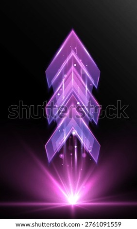 Glowing purple neon arrows pointing upward with light beams and futuristic energy effect on dark background