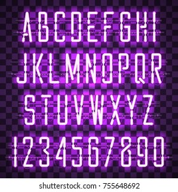 Glowing Purple Neon Casual Script Font with uppercase letters from A to Z and digits from 0 to 9 with wires, tubes, brackets and holders. Shining and glowing neon effect. Vector illustration.