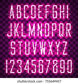Glowing Purple Neon Casual Script Font with uppercase letters from A to Z and digits from 0 to 9 with wires, tubes, brackets and holders. Shining and glowing neon effect. Vector illustration.