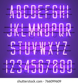 Glowing Purple Neon Casual Script Font with uppercase letters from A to Z and digits from 0 to 9 with wires, tubes, brackets and holders. Shining and glowing neon effect. Vector illustration.