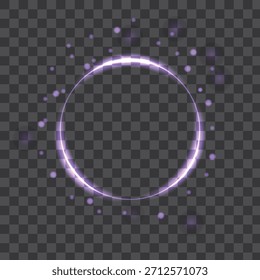 Anillo de círculo de neón púrpura brillante con destellos y partículas sobre fondo transparente
