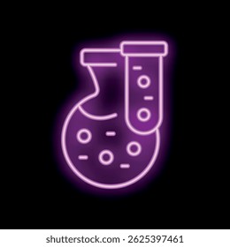 Glowing purple neon icon of a laboratory flask containing molecules and a test tube, symbolizing chemical research and analysis