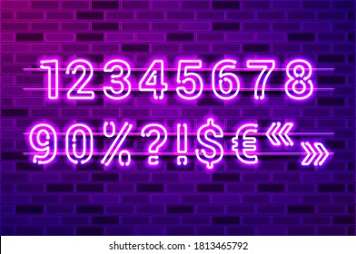 Glowing purple neon lamp numbers and special characters. Realistic vector illustration. Purple brick wall, violet glow, metal holders.