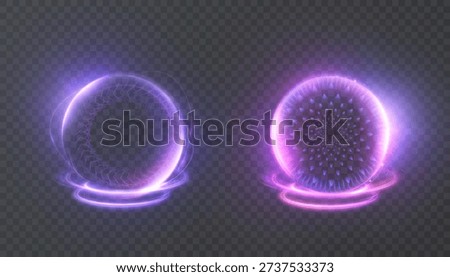 Glowing purple neon magic sphere with halo ring and particle core, isolated on transparent. Vector orb portal for fantasy spells, sci-fi UI effects.