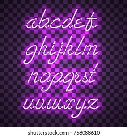 Glowing Purple Neon Script Font with lowercase letters from A to Z with wires, tubes, brackets and holders. Shining and glowing neon effect. Vector illustration.