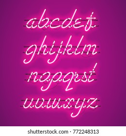 Glowing Purple Neon Script Font with lowercase letters from A to Z with wires, tubes, brackets and holders. Shining and glowing neon effect. Vector illustration.