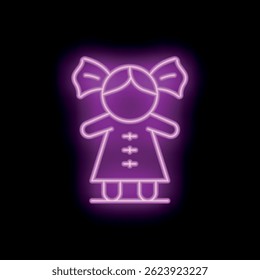 Glowing purple neon sign of a cute little girl with pigtails wearing a dress and standing up against a black background