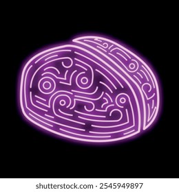 Sinal de néon roxo brilhante representando uma pedra fóssil com padrões em espiral, evocando arqueologia e paleontologia