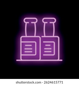 Glowing purple neon sign depicting two bottles, potentially containing beverages or other products, set against a dark backdrop