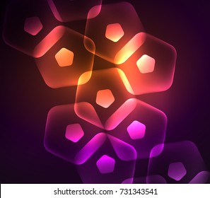 Glowing purple and orange glass transparent pentagans, geometric abstract digital background. Vector illustration