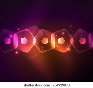 Glowing purple and orange glass transparent pentagans, geometric abstract digital background. Vector illustration