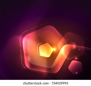 Glowing purple and orange glass transparent pentagans, geometric abstract digital background. Vector illustration