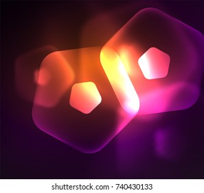 Glowing purple and orange glass transparent pentagans, geometric abstract digital background. Vector illustration