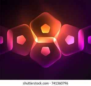 Glowing purple and orange glass transparent pentagans, geometric abstract digital background. Vector illustration