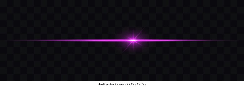 Efeitos de luz roxo brilhante, rosa isolados no fundo transparente. Linhas roxas a laser de luz de néon com efeito de flash. Linha horizontal brilhante com um brilho de luz. Vetor. Efeito de laser de néon.