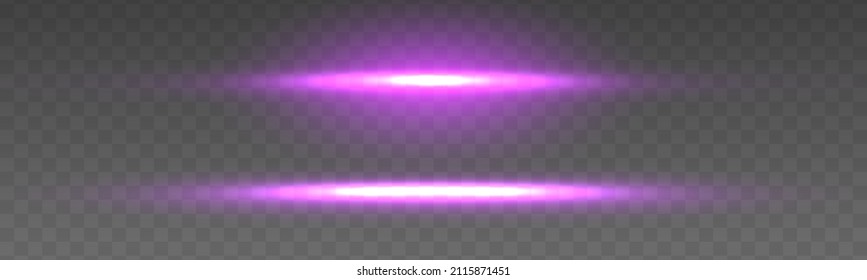 Glowing purple, pink light special effects isolated on transparent background. Violet horizontal lens flares pack. Laser beams, horizontal light rays. Purple line. Vector illustration, eps 10.