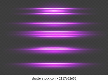 Glowing purple, pink light special effects isolated on transparent background. Violet horizontal lens flares pack. Laser beams, horizontal light rays. Purple line. Vector illustration, eps 10.