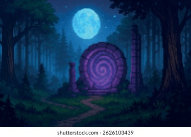 A glowing purple spiral portal stands under the full moon in a shadowy pixel forest. Ideal for night scenes in 16-bit fantasy or magical adventure games.