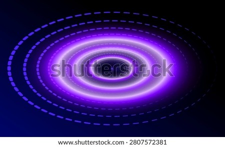 Glowing purple spiral vortex with luminous concentric rings and elliptical light tunnel. Futuristic abstract energy portal, optical motion effect and radiant circular technology background.
