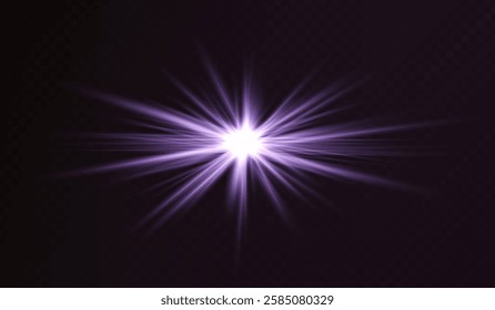 Glowing purple starburst light effect on a dark background. Radiating beams create a luminous flare, symbolizing energy, illumination, and futuristic design. Sci-fi, digital effects, abstract