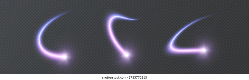 Glowing purple streams of light, bright comets. Energetic vortex trails for animation, visual effects in games, magical and wizardry effects, as well as interface elements.