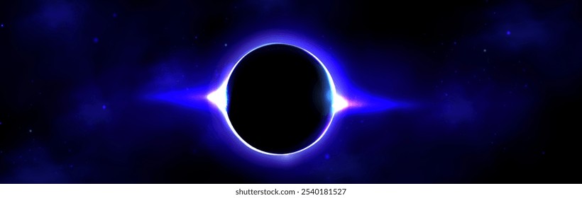 Eclipse de luna de sol púrpura brillante sobre fondo oscuro. Anillo de neón circular que muestra el efecto de la corona celeste. Vector realista en 3D del fenómeno astronómico con contornos luminosos de rayos azules y destellos.