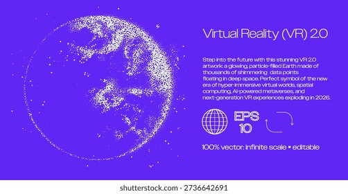 Glowing purple vector illustration of particle-filled Earth globe in deep space, futuristic data points shimmering. Conceptual vector art for VR 2.0, metaverse, spatial computing themes.
Futuristic glowing particle Earth in vibrant purple deep space background with thousands of shimmering data points forming the planet.