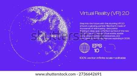 Glowing purple vector illustration of particle-filled Earth globe in deep space, futuristic data points shimmering. Conceptual vector art for VR 2.0, metaverse, spatial computing themes.
Futuristic glowing particle Earth in vibrant purple deep space background with thousands of shimmering data points forming the planet.