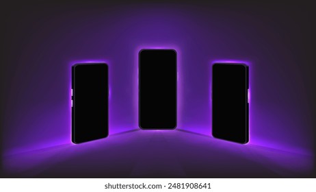 Glowing Purple and Violet Light Smartphone Mockup in Front, Perspective  Side Views. Editable Screen, Vector Template.