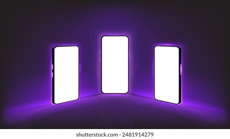 Glowing Purple and Violet Light Smartphone Mockup in Front, Perspective  Side Views. Editable Screen, Vector Template.