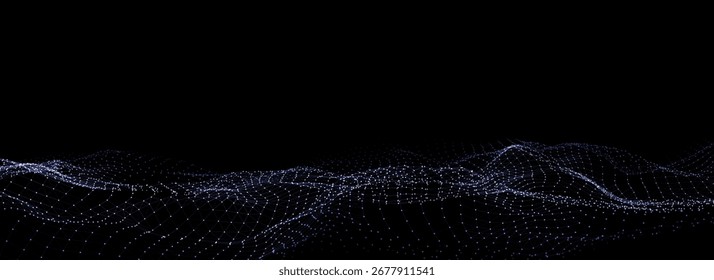 Glowing purple wave with motion dots and lines. Abstract vector digital background. Concept connection big data. Futuristic technology backdrop.