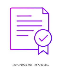 Un icono de color púrpura y blanco brillante presenta un documento con una marca de verificación, que simboliza el cumplimiento y la validación. La Imagen transmite eficacia y Aprobación.