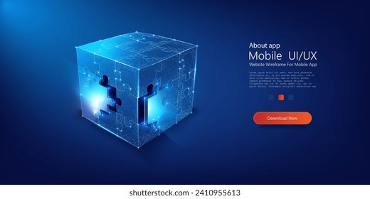 Glowing Puzzle Cube Concept Illustration - Symbolizing Problem Solving and Innovation in Technology. Single puzzle under a puzzle pattern with a shining bright puzzle hole. Blue neon color. Vector