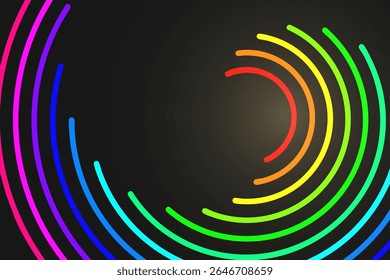 Glowing rainbow colored arcs curve across a dark gradient background, creating a modern and dynamic tech inspired design, vector illustration