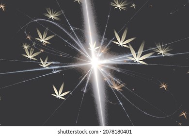 Rayos brillantes con hojas amarillas de marihuana en un fondo negro. Ilustración del vector abstracto.