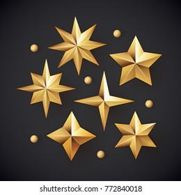 Glowing Realistic Golden Stars Background Isolated On Black. 
Cutout 3D Christmas Star Icon. Design Element For Holidays. Vector Illustration EPS 10 File.